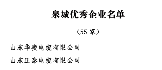 中共濟(jì)南市委、濟(jì)南市人民政府發(fā)布了《關(guān)于表彰濟(jì)南市優(yōu)秀企業(yè)和優(yōu)秀企業(yè)家的決定》，以激勵(lì)和表彰全市廣大企業(yè)和企業(yè)家在濟(jì)南經(jīng)濟(jì)社會(huì)發(fā)展中的卓越貢獻(xiàn)。經(jīng)過(guò)嚴(yán)格評(píng)選，55家企業(yè)被授予“泉城優(yōu)秀企業(yè)”稱(chēng)號(hào)。其中山東華凌電纜有限公司、山東正泰電纜有限公司被授予“泉城優(yōu)秀企業(yè)”稱(chēng)號(hào)。