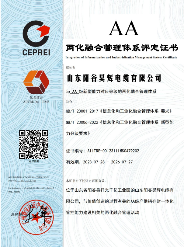 ，山東陽谷昊輝電纜有限公司在兩化融合管理體系貫標工作取得階段性成果，成功通過體系評定，并獲得由國家工信部授權的評定機構——廣州賽寶認證中心服務有限公司頒發(fā)的兩化融合管理體系AA級評定證書。